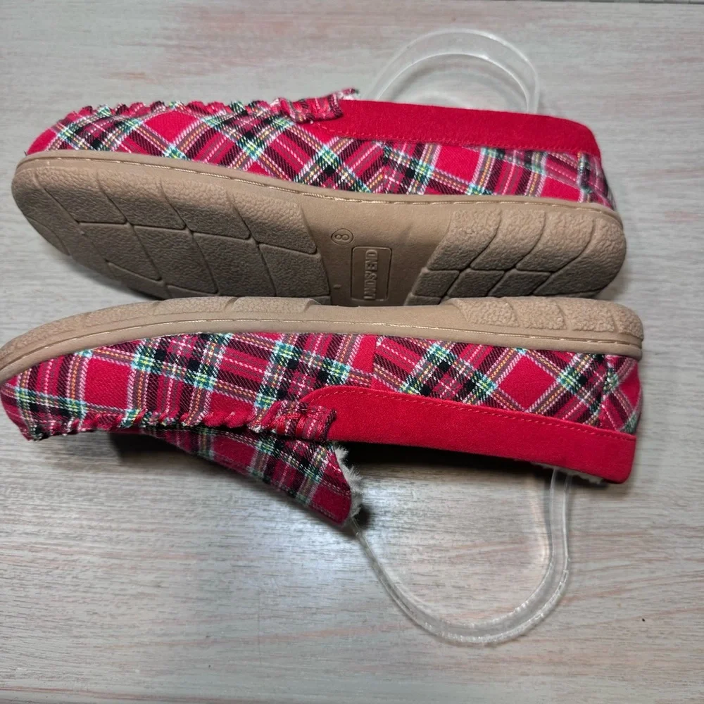 Lands‎ End Men’s Red Plaid Flannel Faux Shearling Lined Moccasin Slippers Size 8